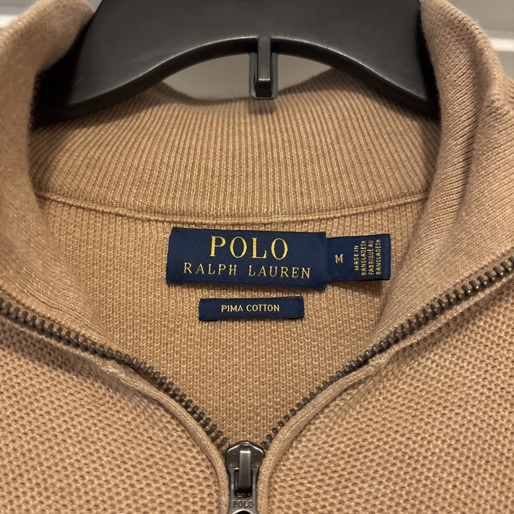 Polo Ralph Lauren Quarter Zip Sweater Camel Pima Cotton Mock Neck Men's M Pony